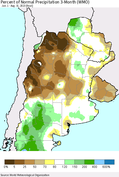 Southern South America Percent of Normal Precipitation 3-Month (WMO) Thematic Map For 6/1/2023 - 8/31/2023