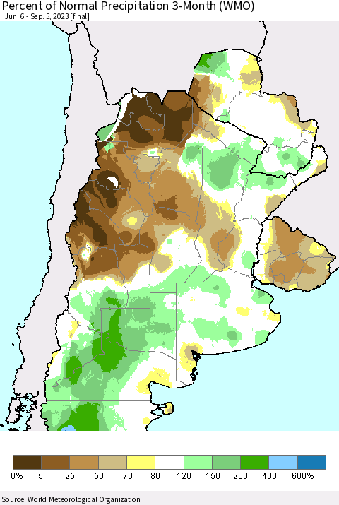 Southern South America Percent of Normal Precipitation 3-Month (WMO) Thematic Map For 6/6/2023 - 9/5/2023