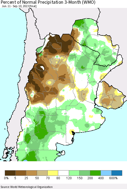 Southern South America Percent of Normal Precipitation 3-Month (WMO) Thematic Map For 6/11/2023 - 9/10/2023
