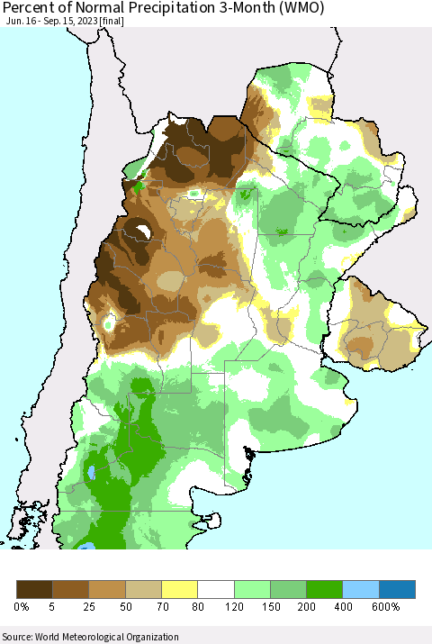 Southern South America Percent of Normal Precipitation 3-Month (WMO) Thematic Map For 6/16/2023 - 9/15/2023