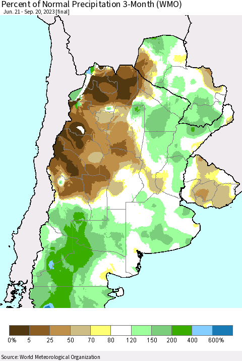Southern South America Percent of Normal Precipitation 3-Month (WMO) Thematic Map For 6/21/2023 - 9/20/2023