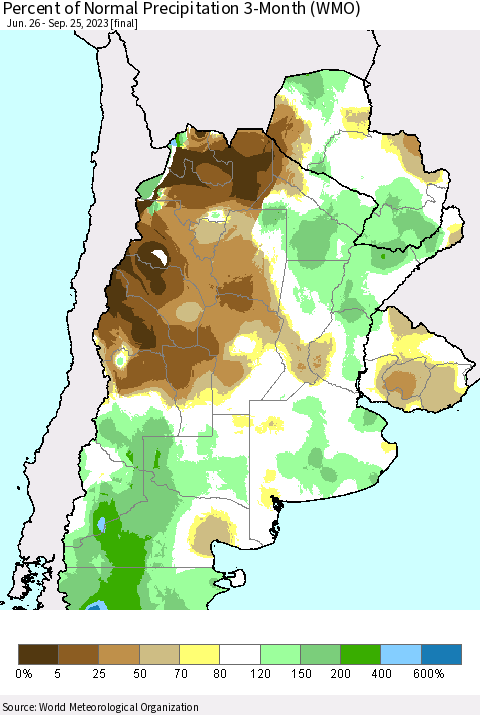 Southern South America Percent of Normal Precipitation 3-Month (WMO) Thematic Map For 6/26/2023 - 9/25/2023