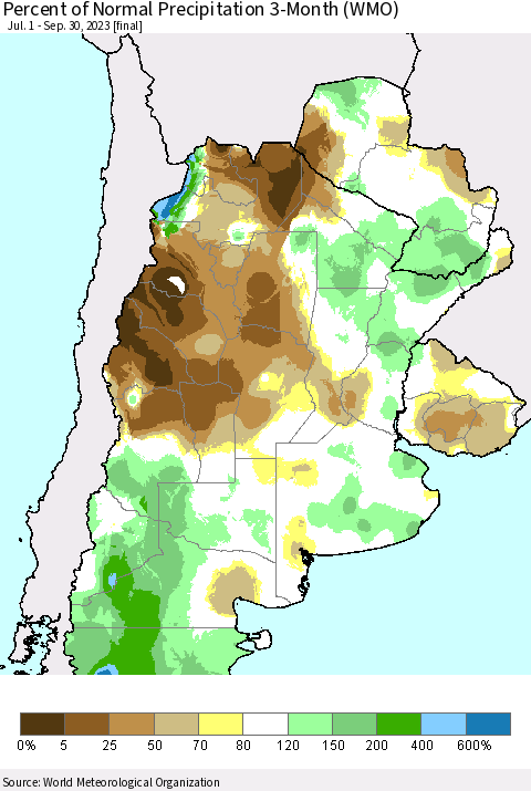 Southern South America Percent of Normal Precipitation 3-Month (WMO) Thematic Map For 7/1/2023 - 9/30/2023