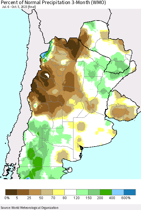 Southern South America Percent of Normal Precipitation 3-Month (WMO) Thematic Map For 7/6/2023 - 10/5/2023