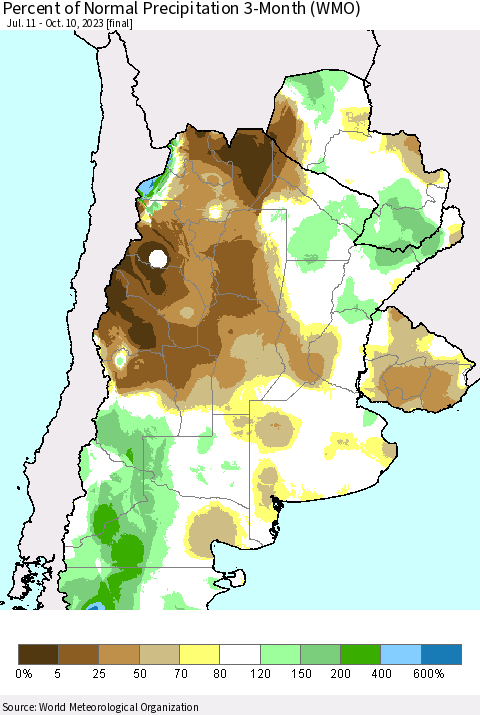 Southern South America Percent of Normal Precipitation 3-Month (WMO) Thematic Map For 7/11/2023 - 10/10/2023