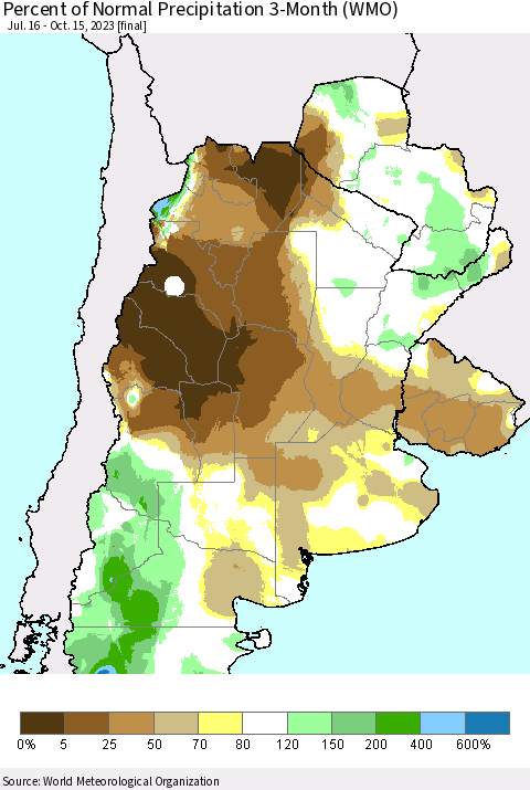 Southern South America Percent of Normal Precipitation 3-Month (WMO) Thematic Map For 7/16/2023 - 10/15/2023