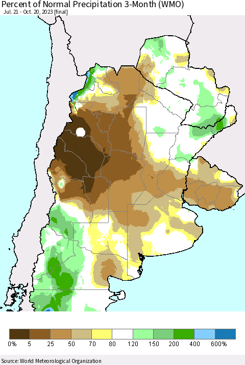 Southern South America Percent of Normal Precipitation 3-Month (WMO) Thematic Map For 7/21/2023 - 10/20/2023