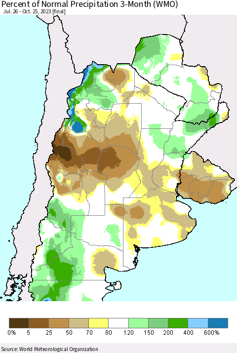 Southern South America Percent of Normal Precipitation 3-Month (WMO) Thematic Map For 7/26/2023 - 10/25/2023