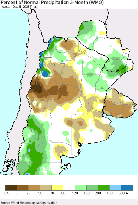 Southern South America Percent of Normal Precipitation 3-Month (WMO) Thematic Map For 8/1/2023 - 10/31/2023