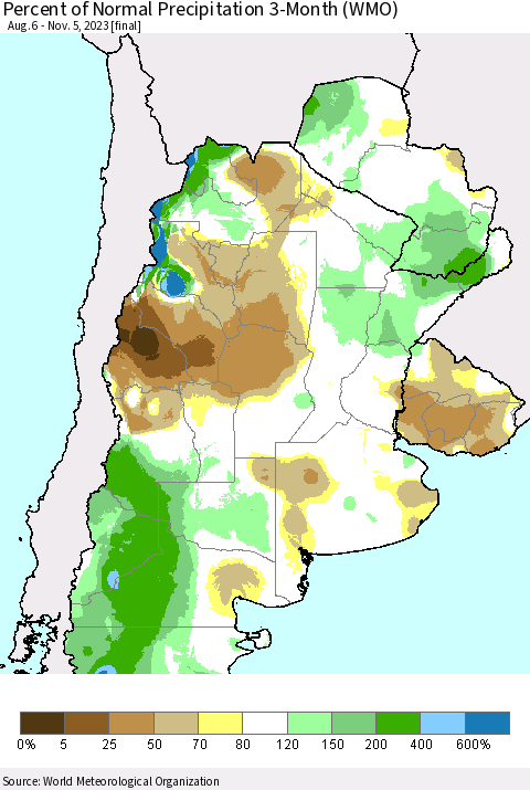Southern South America Percent of Normal Precipitation 3-Month (WMO) Thematic Map For 8/6/2023 - 11/5/2023