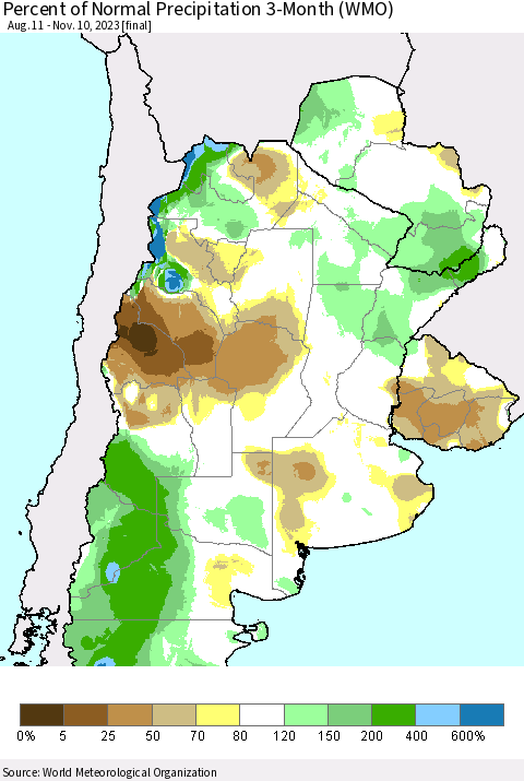 Southern South America Percent of Normal Precipitation 3-Month (WMO) Thematic Map For 8/11/2023 - 11/10/2023