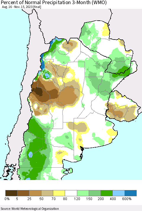 Southern South America Percent of Normal Precipitation 3-Month (WMO) Thematic Map For 8/16/2023 - 11/15/2023