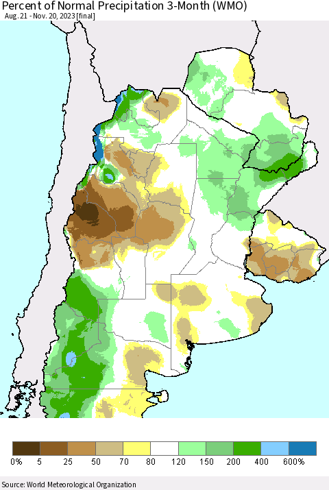 Southern South America Percent of Normal Precipitation 3-Month (WMO) Thematic Map For 8/21/2023 - 11/20/2023