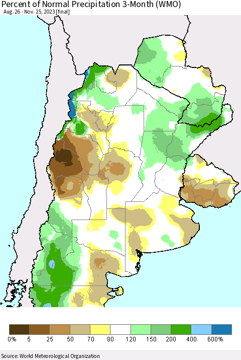 Southern South America Percent of Normal Precipitation 3-Month (WMO) Thematic Map For 8/26/2023 - 11/25/2023