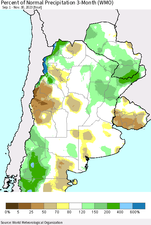 Southern South America Percent of Normal Precipitation 3-Month (WMO) Thematic Map For 9/1/2023 - 11/30/2023