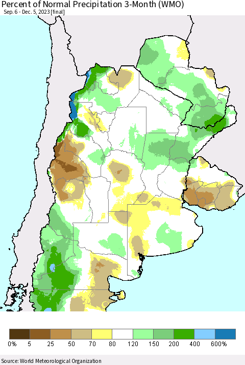 Southern South America Percent of Normal Precipitation 3-Month (WMO) Thematic Map For 9/6/2023 - 12/5/2023