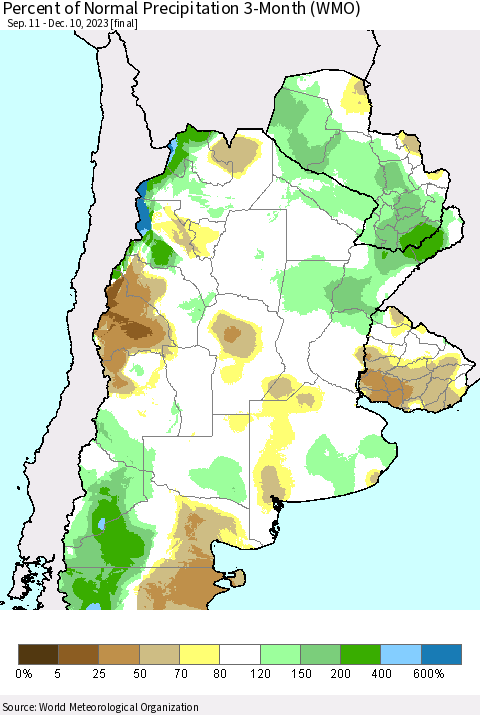 Southern South America Percent of Normal Precipitation 3-Month (WMO) Thematic Map For 9/11/2023 - 12/10/2023