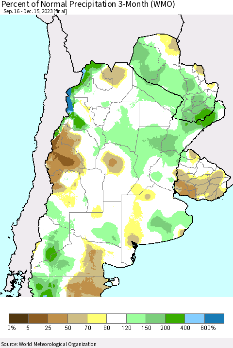 Southern South America Percent of Normal Precipitation 3-Month (WMO) Thematic Map For 9/16/2023 - 12/15/2023