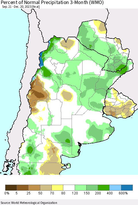Southern South America Percent of Normal Precipitation 3-Month (WMO) Thematic Map For 9/21/2023 - 12/20/2023