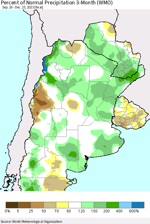 Southern South America Percent of Normal Precipitation 3-Month (WMO) Thematic Map For 9/26/2023 - 12/25/2023