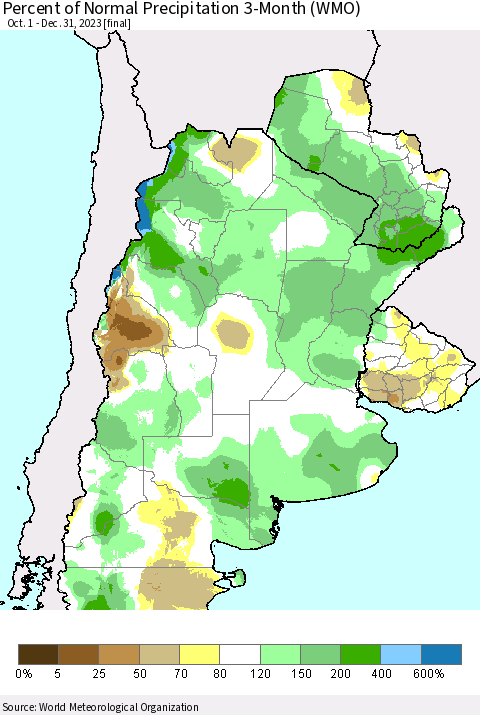 Southern South America Percent of Normal Precipitation 3-Month (WMO) Thematic Map For 10/1/2023 - 12/31/2023