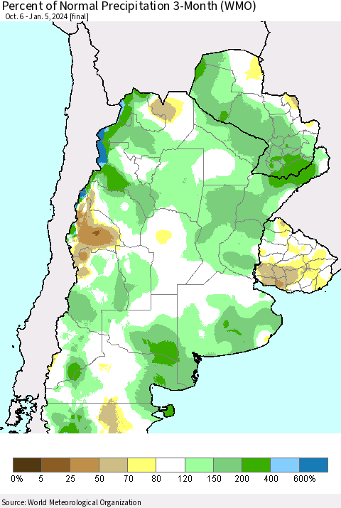 Southern South America Percent of Normal Precipitation 3-Month (WMO) Thematic Map For 10/6/2023 - 1/5/2024