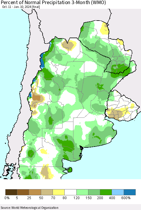 Southern South America Percent of Normal Precipitation 3-Month (WMO) Thematic Map For 10/11/2023 - 1/10/2024