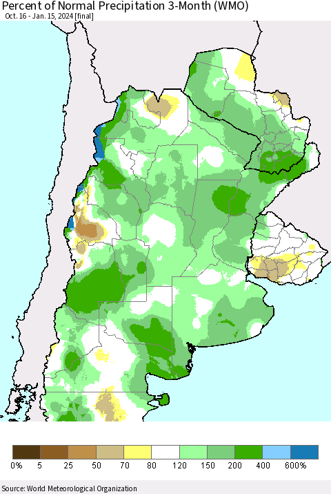 Southern South America Percent of Normal Precipitation 3-Month (WMO) Thematic Map For 10/16/2023 - 1/15/2024