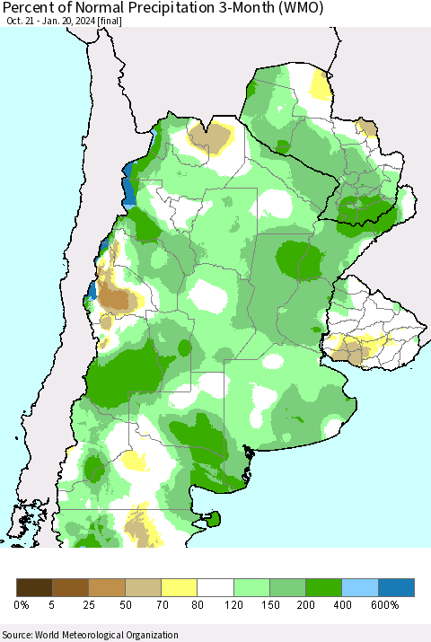 Southern South America Percent of Normal Precipitation 3-Month (WMO) Thematic Map For 10/21/2023 - 1/20/2024