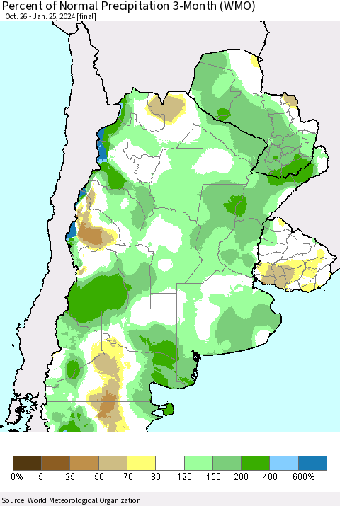 Southern South America Percent of Normal Precipitation 3-Month (WMO) Thematic Map For 10/26/2023 - 1/25/2024