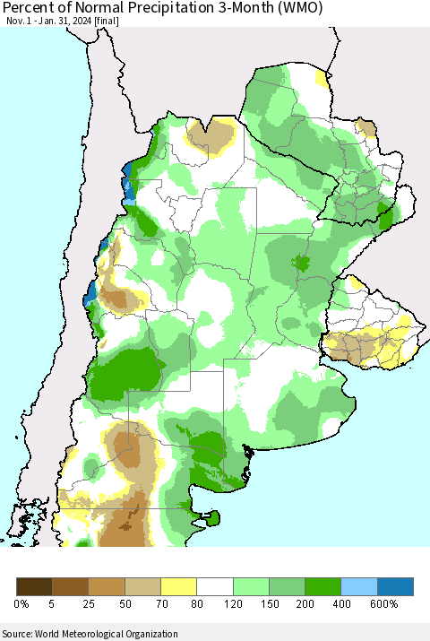Southern South America Percent of Normal Precipitation 3-Month (WMO) Thematic Map For 11/1/2023 - 1/31/2024