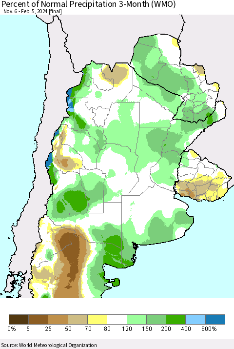 Southern South America Percent of Normal Precipitation 3-Month (WMO) Thematic Map For 11/6/2023 - 2/5/2024