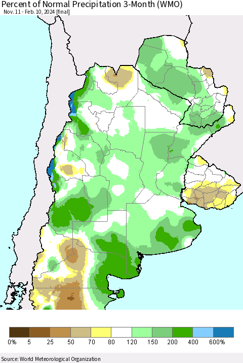 Southern South America Percent of Normal Precipitation 3-Month (WMO) Thematic Map For 11/11/2023 - 2/10/2024