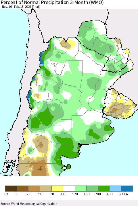 Southern South America Percent of Normal Precipitation 3-Month (WMO) Thematic Map For 11/16/2023 - 2/15/2024