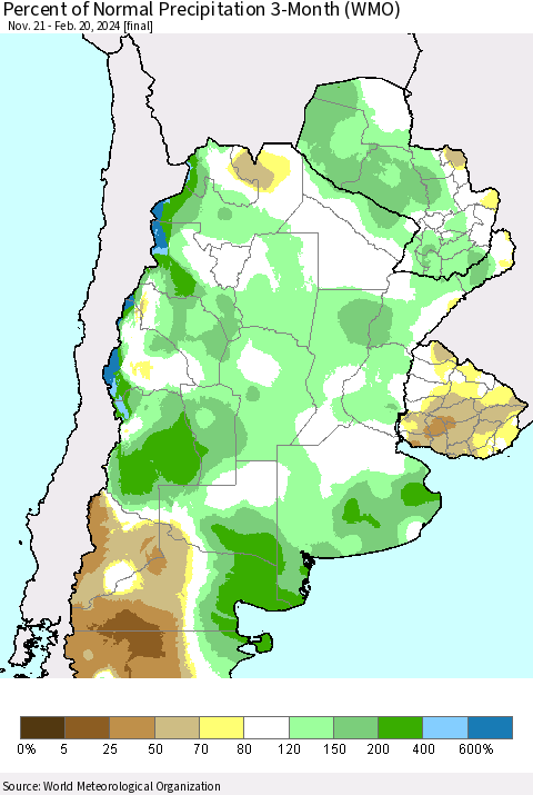Southern South America Percent of Normal Precipitation 3-Month (WMO) Thematic Map For 11/21/2023 - 2/20/2024