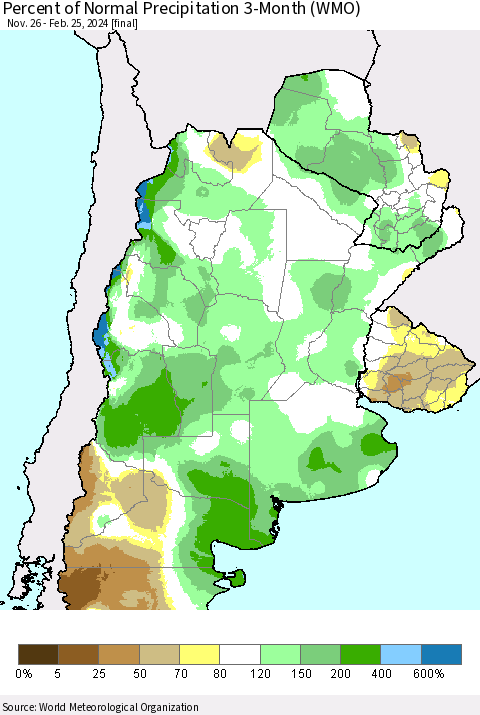Southern South America Percent of Normal Precipitation 3-Month (WMO) Thematic Map For 11/26/2023 - 2/25/2024