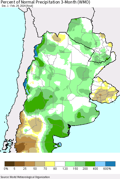 Southern South America Percent of Normal Precipitation 3-Month (WMO) Thematic Map For 12/1/2023 - 2/29/2024