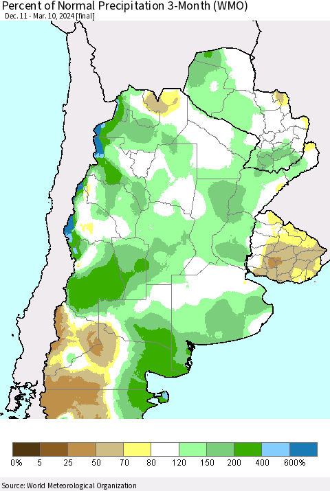 Southern South America Percent of Normal Precipitation 3-Month (WMO) Thematic Map For 12/11/2023 - 3/10/2024