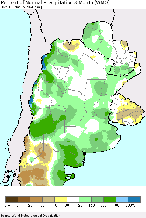 Southern South America Percent of Normal Precipitation 3-Month (WMO) Thematic Map For 12/16/2023 - 3/15/2024