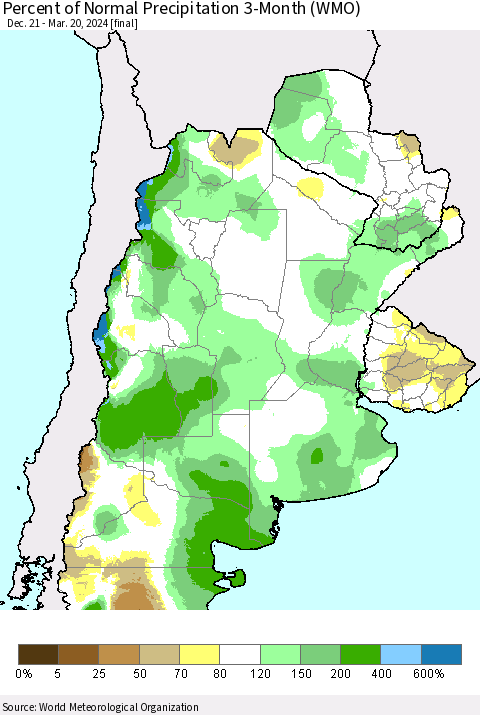 Southern South America Percent of Normal Precipitation 3-Month (WMO) Thematic Map For 12/21/2023 - 3/20/2024