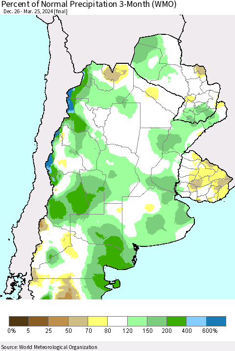 Southern South America Percent of Normal Precipitation 3-Month (WMO) Thematic Map For 12/26/2023 - 3/25/2024