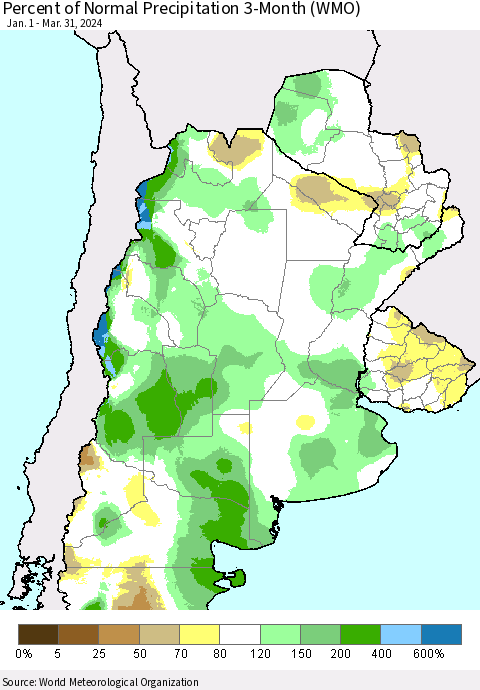 Southern South America Percent of Normal Precipitation 3-Month (WMO) Thematic Map For 1/1/2024 - 3/31/2024