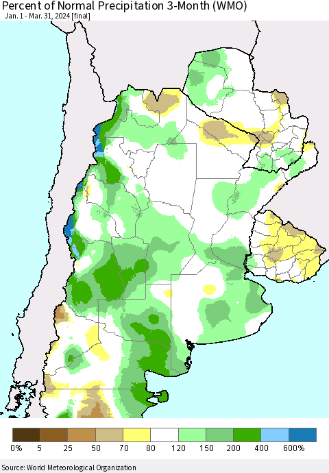 Southern South America Percent of Normal Precipitation 3-Month (WMO) Thematic Map For 1/1/2024 - 3/31/2024
