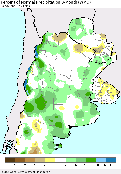 Southern South America Percent of Normal Precipitation 3-Month (WMO) Thematic Map For 1/6/2024 - 4/5/2024