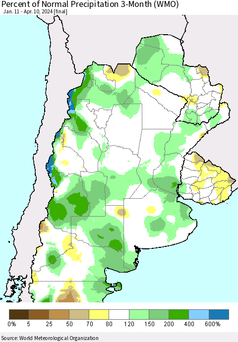Southern South America Percent of Normal Precipitation 3-Month (WMO) Thematic Map For 1/11/2024 - 4/10/2024