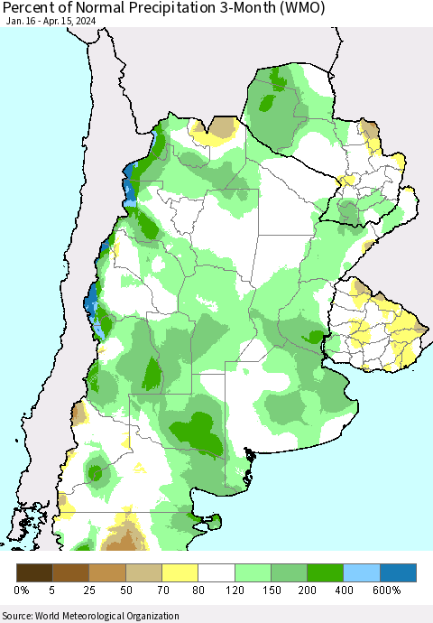 Southern South America Percent of Normal Precipitation 3-Month (WMO) Thematic Map For 1/16/2024 - 4/15/2024
