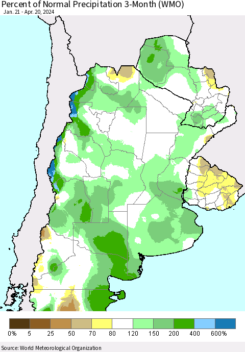 Southern South America Percent of Normal Precipitation 3-Month (WMO) Thematic Map For 1/21/2024 - 4/20/2024