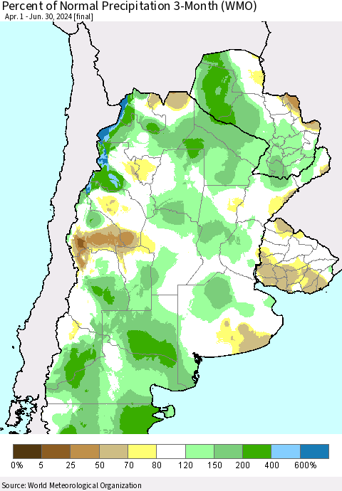 Southern South America Percent of Normal Precipitation 3-Month (WMO) Thematic Map For 4/1/2024 - 6/30/2024