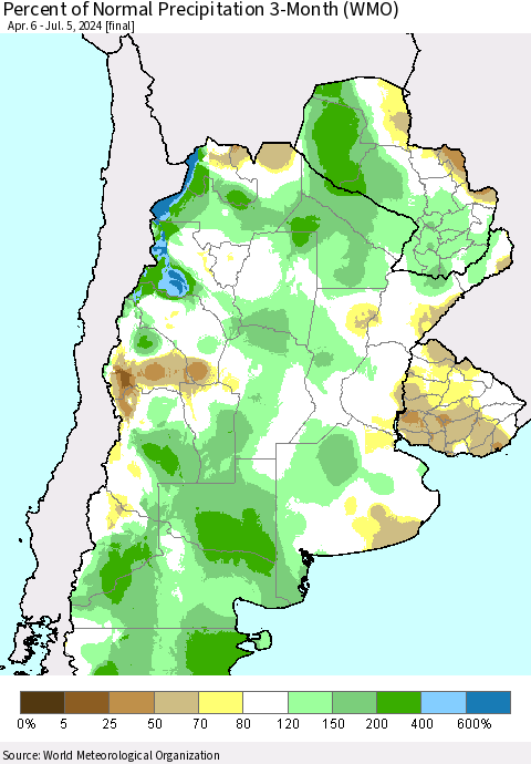 Southern South America Percent of Normal Precipitation 3-Month (WMO) Thematic Map For 4/6/2024 - 7/5/2024