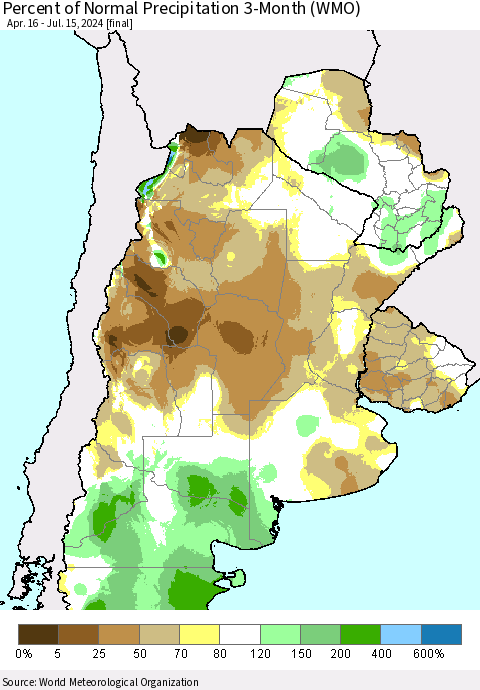Southern South America Percent of Normal Precipitation 3-Month (WMO) Thematic Map For 4/16/2024 - 7/15/2024